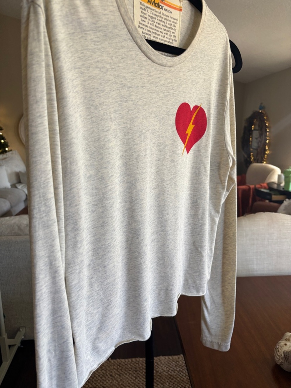 Aviator Nation Gray Crop Top with Red Heart & Yellow Lightning